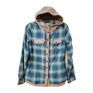 Marmot Hooded Plaid Flannel Jacket Blue Green Men’s M Midweight